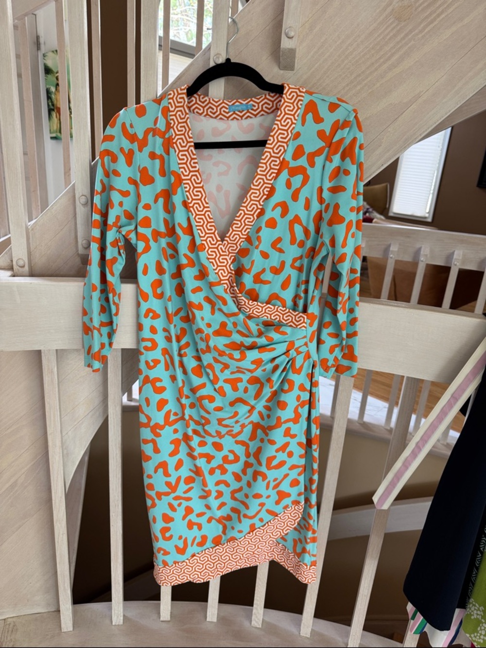 J. McLaughlin Aqua and Orange Animal-Print Wrap Dress